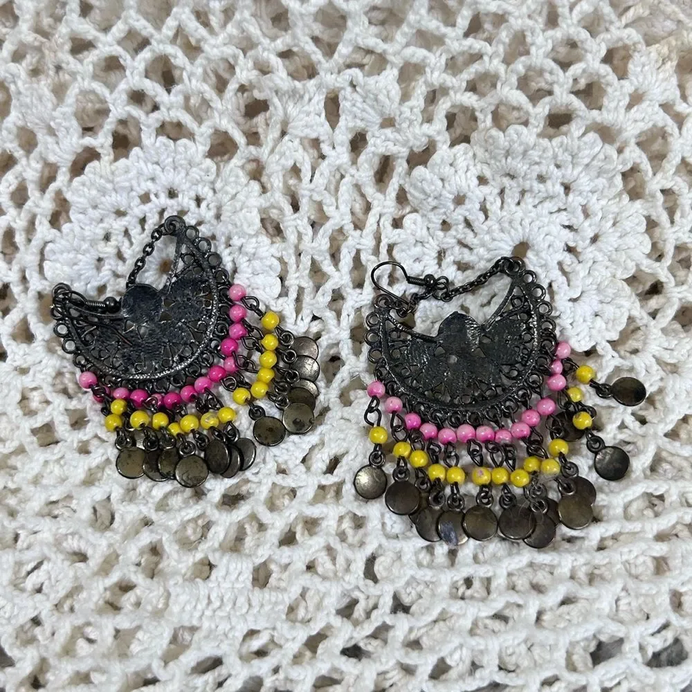 Dangle Hook Chandelier Earrings Boho Filigree Bead Pink Yellow Black Drop